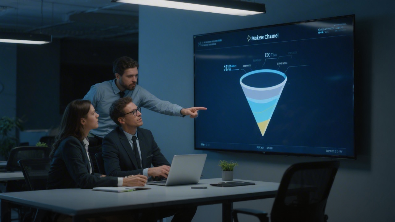 Marketing professionals reviewing channel performance on a large screen with a clear growth funnel diagram in a dimly lit office.