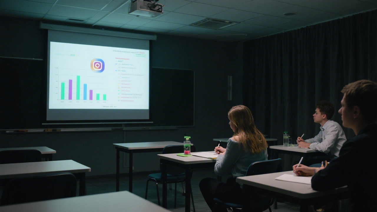 Modern classroom with dark-academia lighting, a projector displaying social media analytics charts, and students taking notes on growth experiments.
