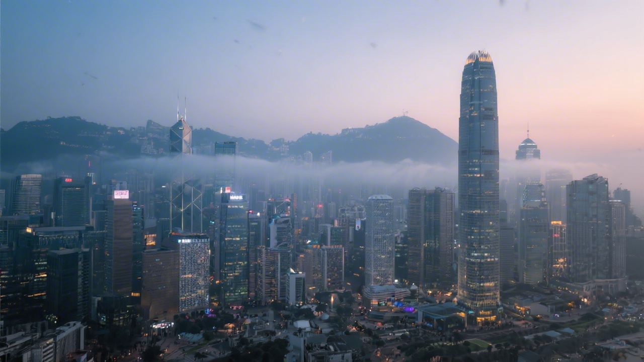 Wide view of Central Hong Kong at dusk with layered skyscrapers and subtle fog, reflecting a modern and focused business environment.
