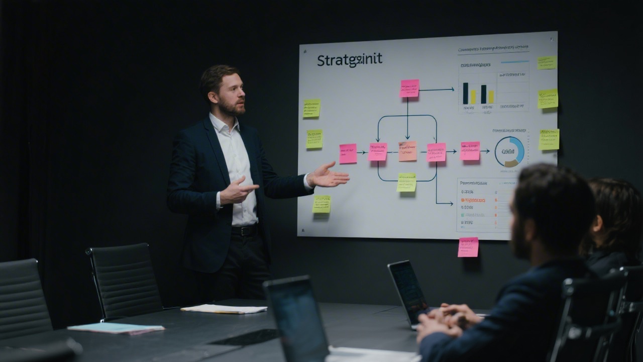 Strategist presenting a campaign flowchart with sticky notes and performance metrics in a dark, modern meeting room.