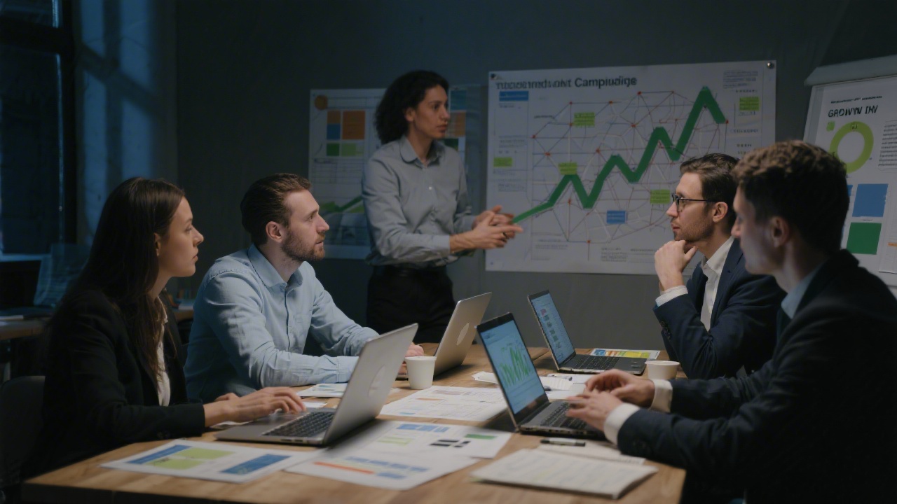 A focused workshop setting with professionals discussing campaign planning, using laptops and printed growth canvases under moody lighting.